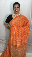 Vriksham Orange With White Floral Printed Cotton Mulmul Saree-VS4605