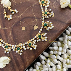 Vriksham Designer 9 round Pendant Pearl Beaded Kundan Jadau  Neckpiece-Green-Pearl-J3452
