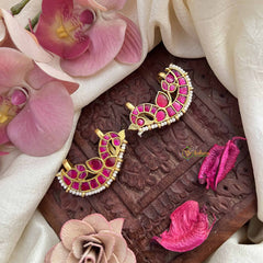 Vriksham Luxury Oriented Peacock Red With Pearls Detailing Kundan Jadau Press Bugadi-J3808