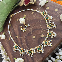 Vriksham Designer 9 round Pendant Pearl Beaded Kundan Jadau  Neckpiece-Green-Pearl-J3452