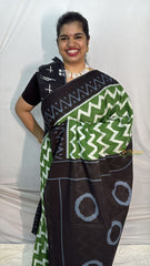 Vriksham Green With Zag Zig Printed Black Border Cotton Mulmul Saree-VS4615