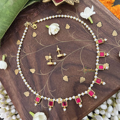 Vriksham Designer Pearl Choker Style Square Pendant Kundan Jadau Neckpiece-Red-J3396