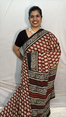 Vriksham Brown With Printed Black Border Cotton Mulmul Saree-VS4614