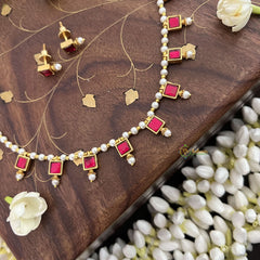 Vriksham Designer Pearl Choker Style Square Pendant Kundan Jadau Neckpiece-Red-J3396