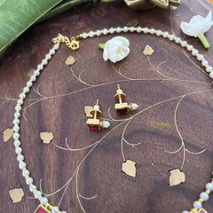 Vriksham Designer Pearl Choker Style Square Pendant Kundan Jadau Neckpiece-Red-J3396