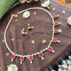 Vriksham Designer Pearl Choker Style Square Pendant Kundan Jadau Neckpiece-Red-J3396