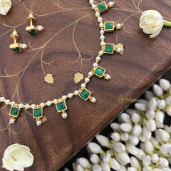 Vriksham Designer Pearl Choker Style Square Pendant Kundan Jadau Neckpiece-Green-J3395
