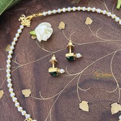 Vriksham Designer Pearl Choker Style Square Pendant Kundan Jadau Neckpiece-Green-J3395