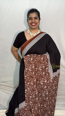 Vriksham Black With Half  Brown Floral Printed Cotton Mulmul Saree-VS4619