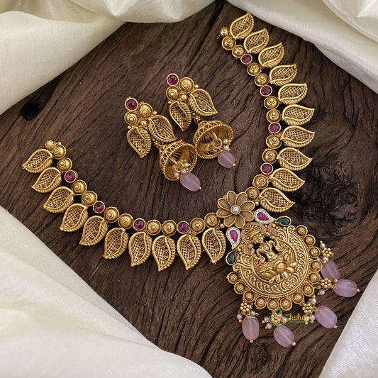 Gold Look Alike Lakshmi Pendant Short Neckpiece-Light Pink bead-G11313