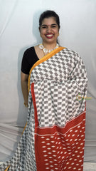 Vriksham White & Grey Checks Printed Cotton Mulmul Saree-VS4601