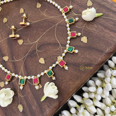 Vriksham Designer Pearl Choker Style Square Pendant Kundan Jadau Neckpiece-Red Green-J3399