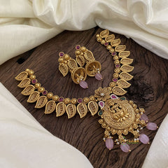 Gold Look Alike Lakshmi Pendant Short Neckpiece-Light Pink bead-G11313