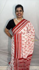 Vriksham White With Red Printed Border Cotton Mulmul Saree-VS4603