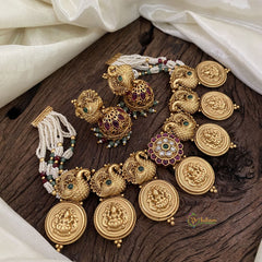 Layered Pearl Lakshmi Coin AD Stone Peacock Choker Short Neckpiece-G11307