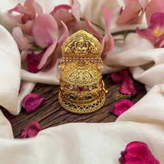 Vriksham Lakshmi Engraved Pearls Drop Style Ruby & Emerald Accents Kumkum Box-G21209