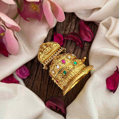 Vriksham Lakshmi Engraved Pearls Drop Style Ruby & Emerald Accents Kumkum Box-G21209