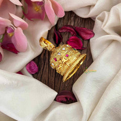 Vriksham Lakshmi Engraved Pearls Drop Style Ruby & Emerald Accents Kumkum Box-G21209