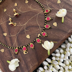 Vriksham Red Square Style Kundan Jadau Black Beaded Short Magalsutra-J3441