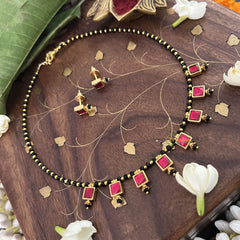 Vriksham Red Square Style Kundan Jadau Black Beaded Short Magalsutra-J3441