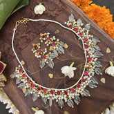 Vriksham Traditional Indian Pearl Beaded Kundan Jadau Neckpiece-Red-Pastel Green Bead-J3457