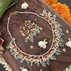 Vriksham Traditional Indian Pearl Beaded Kundan Jadau Neckpiece-Red-Pastel Green Bead-J3457