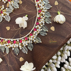 Vriksham Traditional Indian Pearl Beaded Kundan Jadau Neckpiece-Red-Pastel Green Bead-J3457