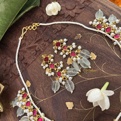 Vriksham Traditional Indian Pearl Beaded Kundan Jadau Neckpiece-Red-Pastel Green Bead-J3457