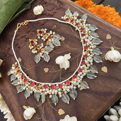 Vriksham Traditional Indian Pearl Beaded Kundan Jadau Neckpiece-Red-Pastel Green Bead-J3457