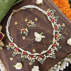 Vriksham White Unique Choker Style Kundan Jadau Neckpiece-Aqua Green Bead-Red-J3443