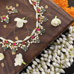 Vriksham White Unique Choker Style Kundan Jadau Neckpiece-Aqua Green Bead-Red-J3443