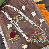 Vriksham Designer Pendant Pearl Beaded Kundan Jadau Neckpiece-Red-Pastel Green Bead-J3456