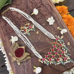 Vriksham Designer Pendant Pearl Beaded Kundan Jadau Neckpiece-Red-Pastel Green Bead-J3456