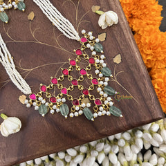 Vriksham Designer Pendant Pearl Beaded Kundan Jadau Neckpiece-Red-Pastel Green Bead-J3456