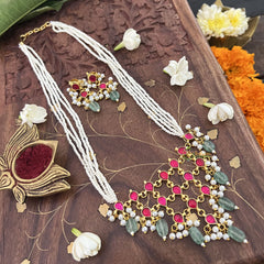 Vriksham Designer Pendant Pearl Beaded Kundan Jadau Neckpiece-Red-Pastel Green Bead-J3456
