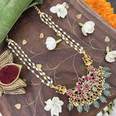 Vriksham Dual Lakshmi With Pendant Kundan Jadau Rice Pearl Beaded Mala-Red White-Aqua Green Beads-J3432