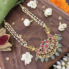 Vriksham Dual Lakshmi With Pendant Kundan Jadau Rice Pearl Beaded Mala-Red White-Aqua Green Beads-J3432