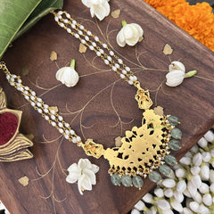 Vriksham Dual Lakshmi With Pendant Kundan Jadau Rice Pearl Beaded Mala-Red White-Aqua Green Beads-J3432