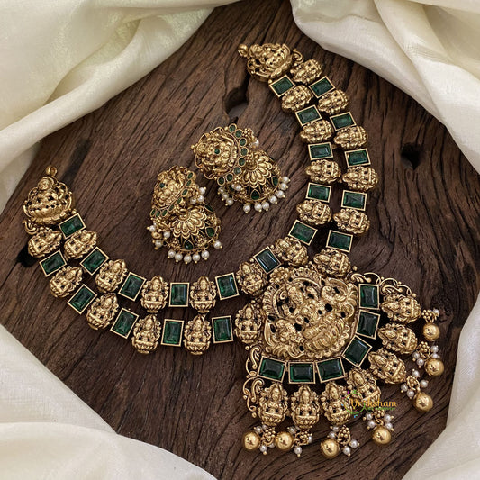 Green Two Layered Gold Look Alike Lakshmi Pendant Short Neckpiece-Gold bead-G11315