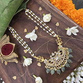 Vriksham Dual Lakshmi With Pendant Kundan Jadau Rice Pearl Beaded Mala-White-Aqua Green Beads-J3431