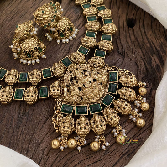 Green Two Layered Gold Look Alike Lakshmi Pendant Short Neckpiece-Gold bead-G11315