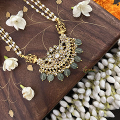 Vriksham Dual Lakshmi With Pendant Kundan Jadau Rice Pearl Beaded Mala-White-Aqua Green Beads-J3431