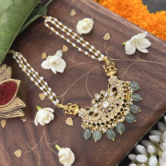 Vriksham Dual Lakshmi With Pendant Kundan Jadau Rice Pearl Beaded Mala-White-Aqua Green Beads-J3431