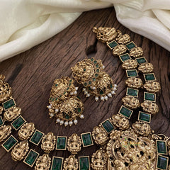 Green Two Layered Gold Look Alike Lakshmi Pendant Short Neckpiece-Gold bead-G11315