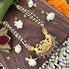 Vriksham Dual Lakshmi With Pendant Kundan Jadau Rice Pearl Beaded Mala-White-Aqua Green Beads-J3431