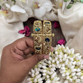 Vriksham Peacock Motif Antique Gold Bangles with Kundan Work-Screw Type Bangles-G19908