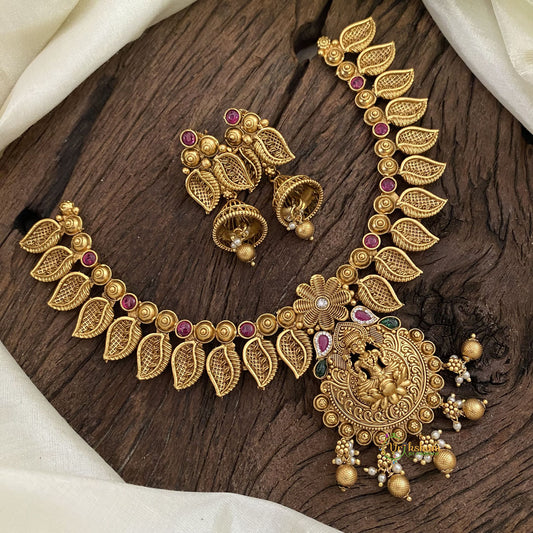 Gold Look Alike Lakshmi Pendant Short Neckpiece-Gold bead-G11321
