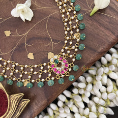 Vriksham Traditional Floral Pendant 3 Layer Pearl Kundan Jadau Neckpiece-Pastel Green Bead-J3459