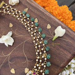Vriksham Traditional Floral Pendant 3 Layer Pearl Kundan Jadau Neckpiece-Pastel Green Bead-J3459