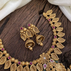 Gold Look Alike Lakshmi Pendant Short Neckpiece-Gold bead-G11321